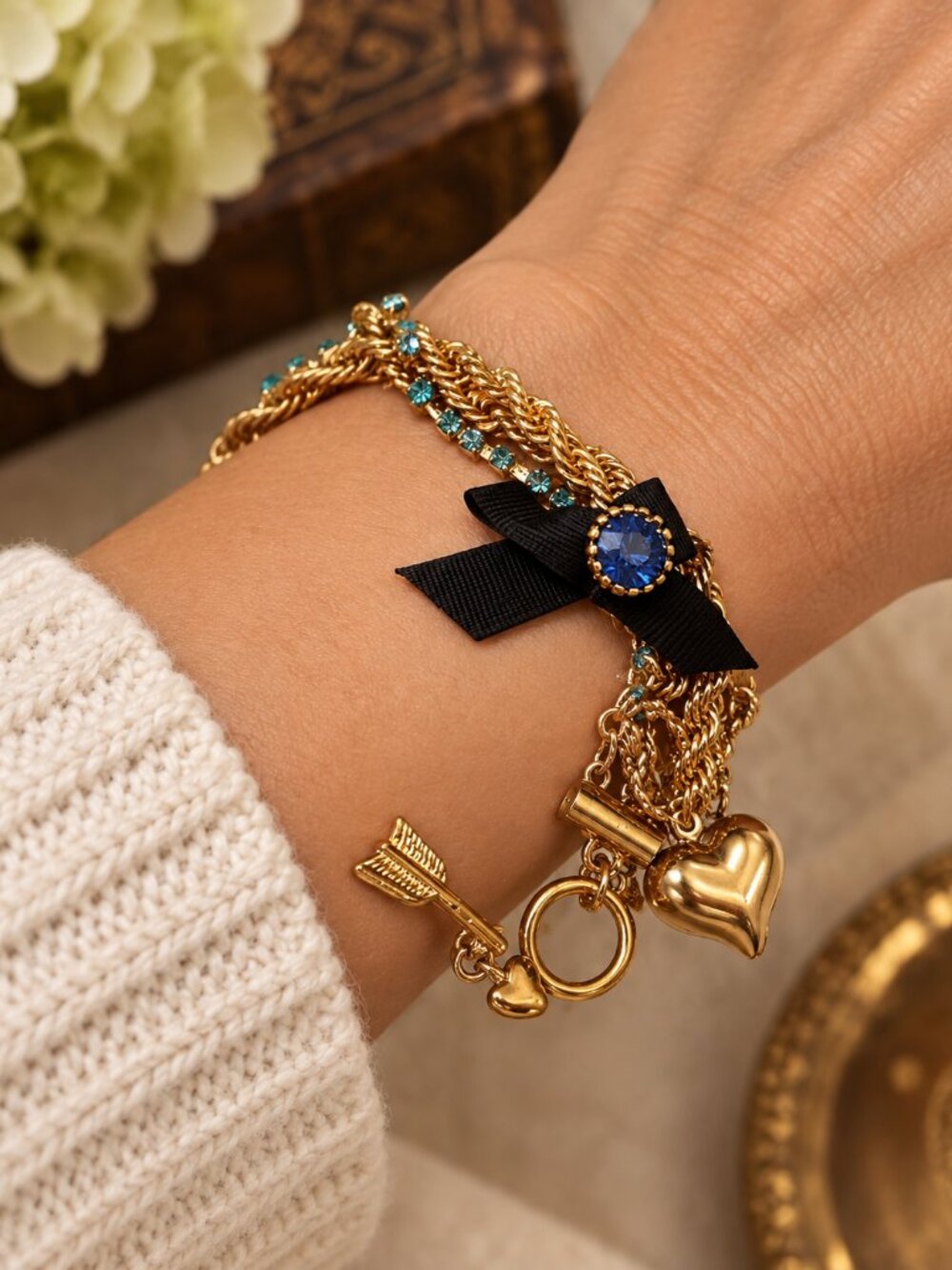 Betsey Johnson Blue Crystal & Black Bow Charm Bracelet – Gold Tone Multi-Strand